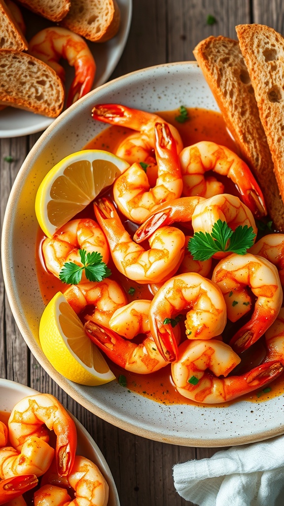 A plate of spicy garlic shrimp garnished with parsley and lemon, served with crusty bread.